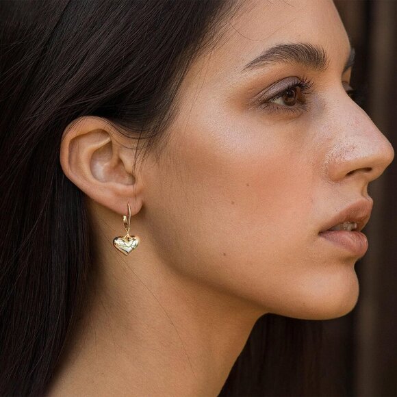 14K Gold-Puffed Heart Leverback Dangle Drop Hypoallergenic Earring for Women - Picture 2 of 7